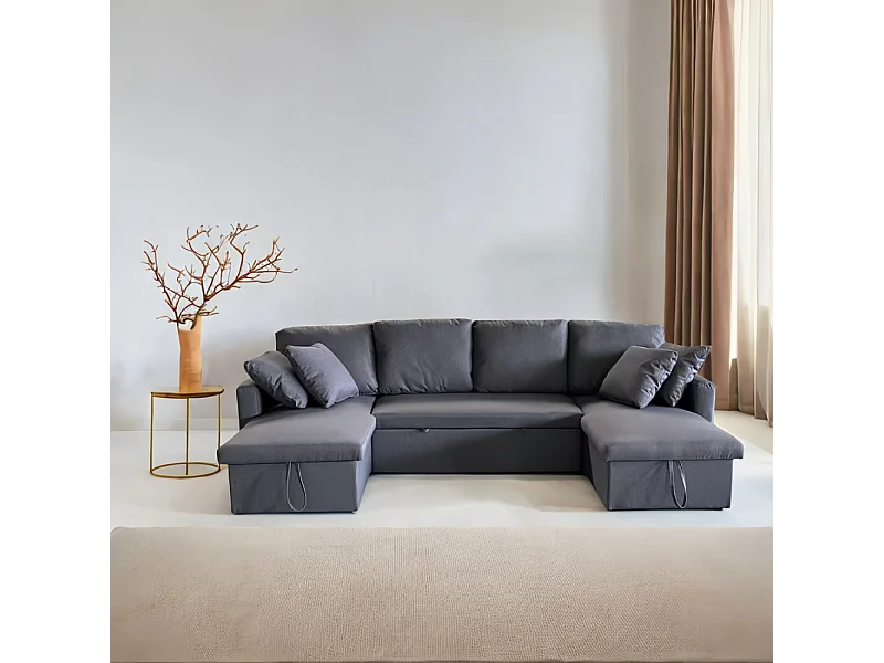 Panorama-Ecksofa mit 4 Schlafplätzen aus Stoff MAHÉ - Dunkelgrau mit Stauraum