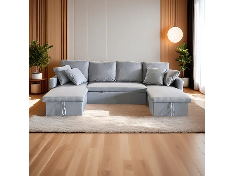 Sofá panorâmico conversível de 4 lugares em tecido cinza claro com armazenamento MAHÉ