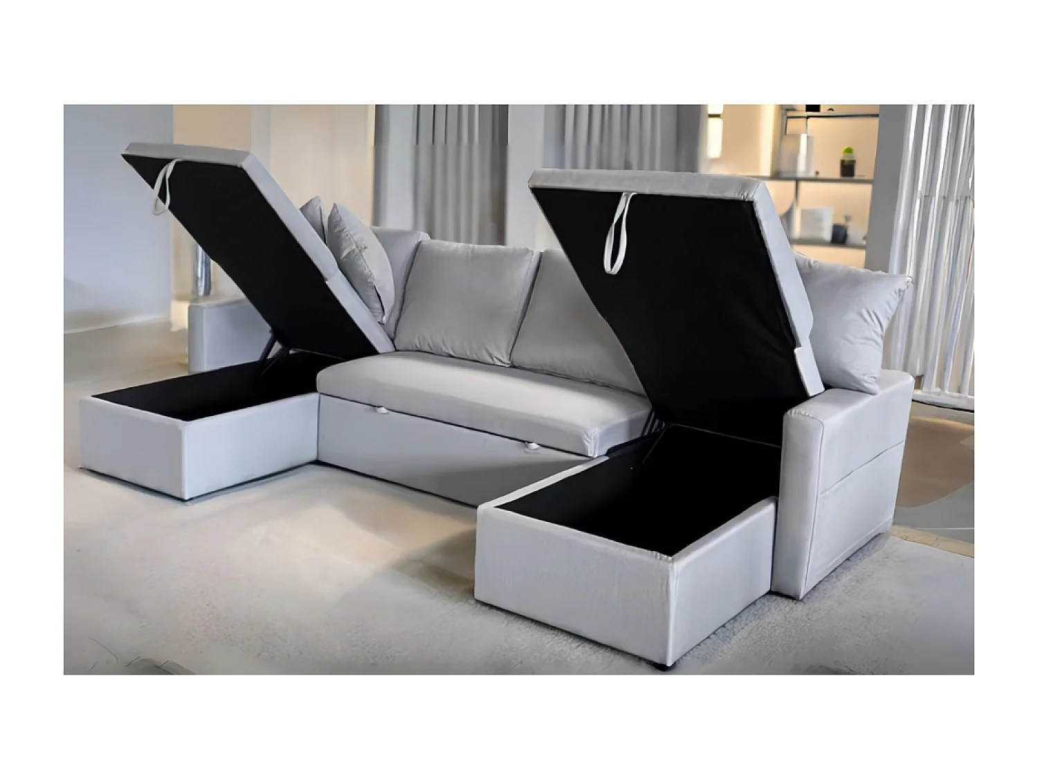 Sofá convertible panorámico 4 plazas en tejido con box MAHÉ - gris claro