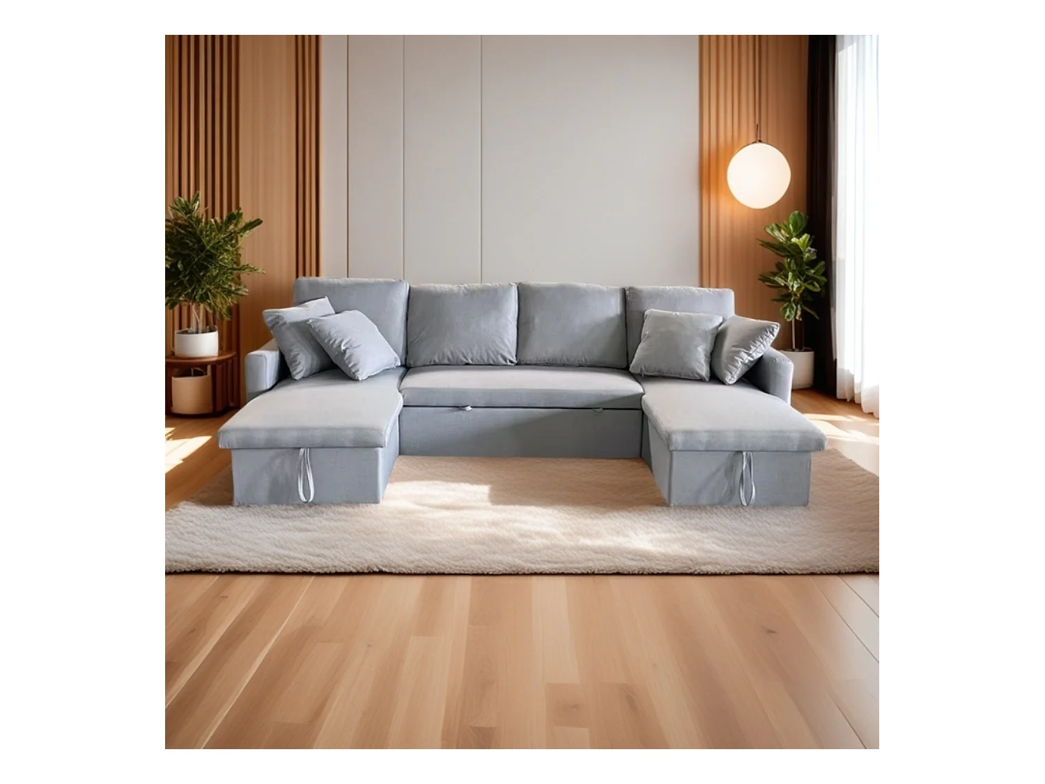 Canapé panoramique convertible 4 places en tissu avec coffre - gris clair MAHÉ
