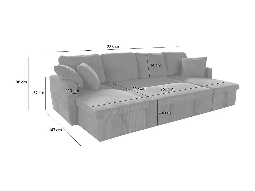 Canapé panoramique convertible 4 places en tissu avec coffre - gris clair MAHÉ