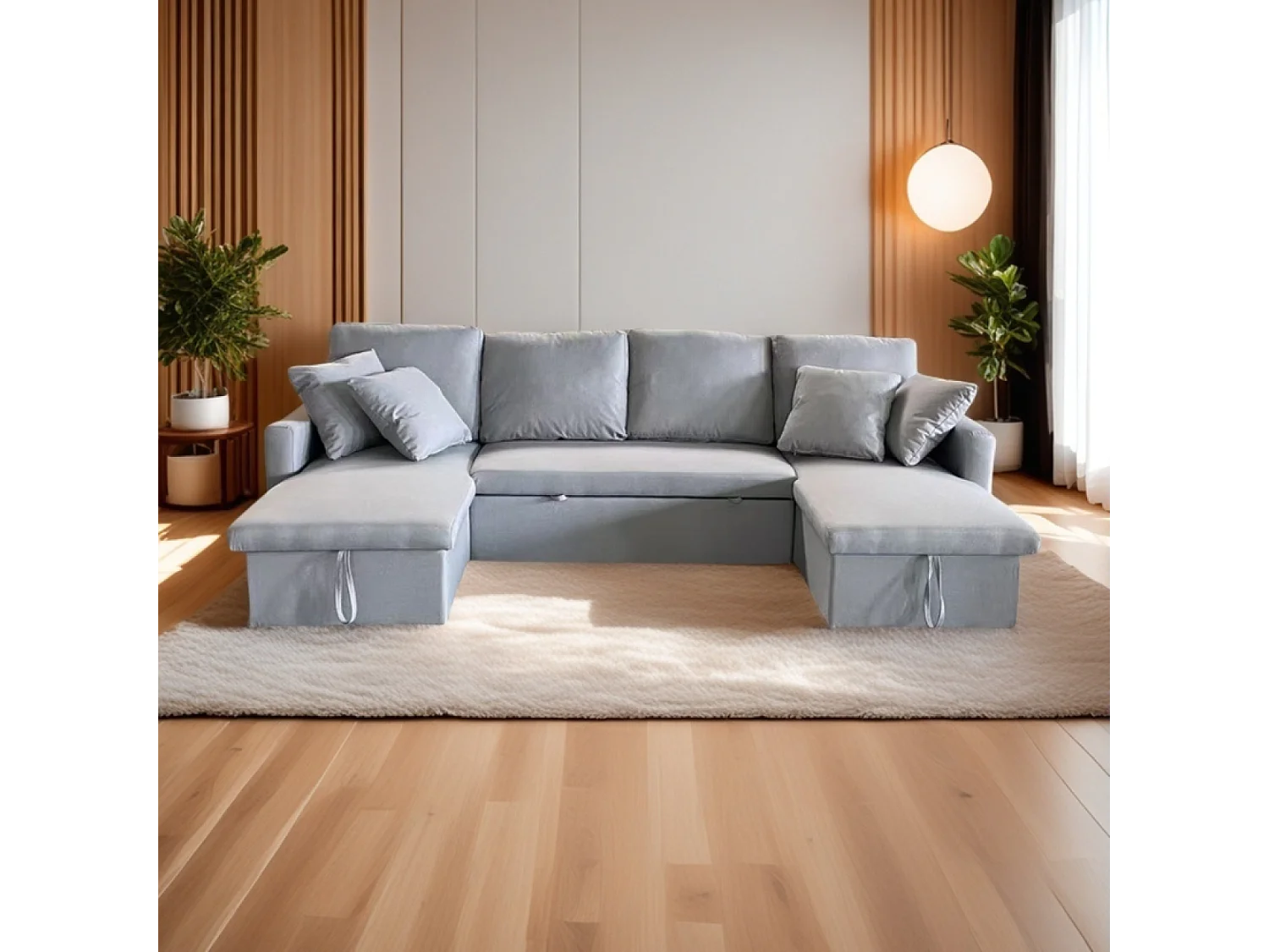 Canapé panoramique convertible 4 places en tissu avec coffre - gris clair MAHÉ