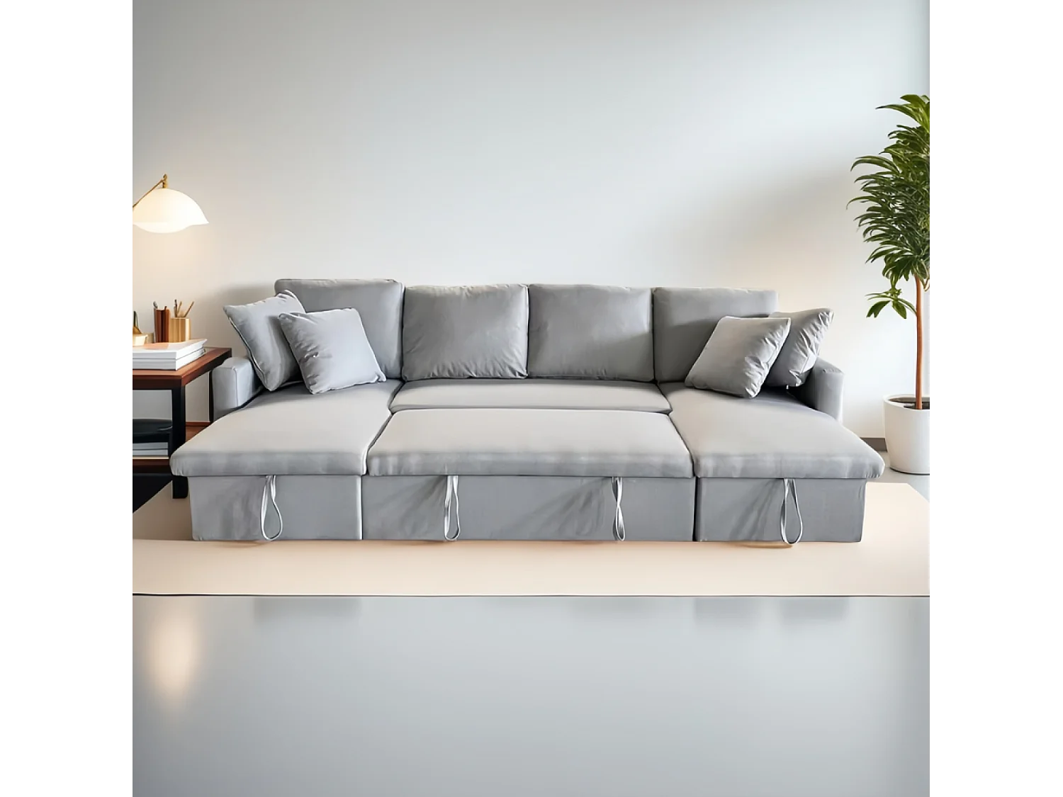 Sofá panorâmico conversível de 4 lugares em tecido cinza claro com armazenamento MAHÉ