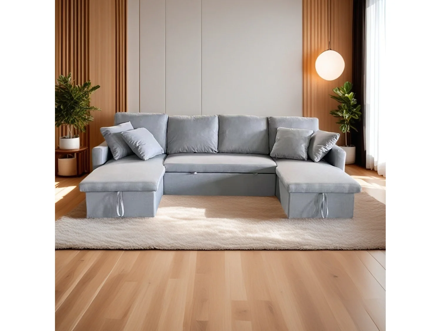 Canapé panoramique convertible 4 places en tissu avec coffre - gris clair MAHÉ