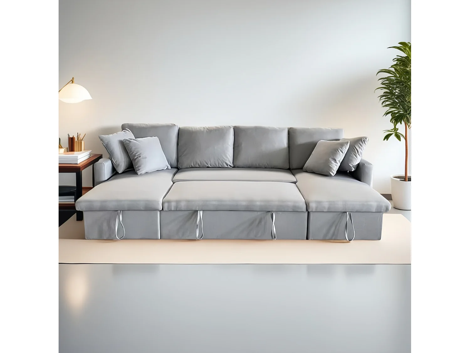 Canapé panoramique convertible 4 places en tissu avec coffre - gris clair MAHÉ