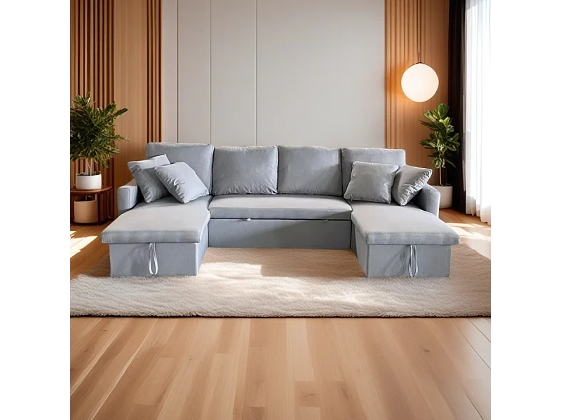 Panorama-Ecksofa mit 4 Plätzen in hellem grauen Stoff mit Stauraum MAHÉ