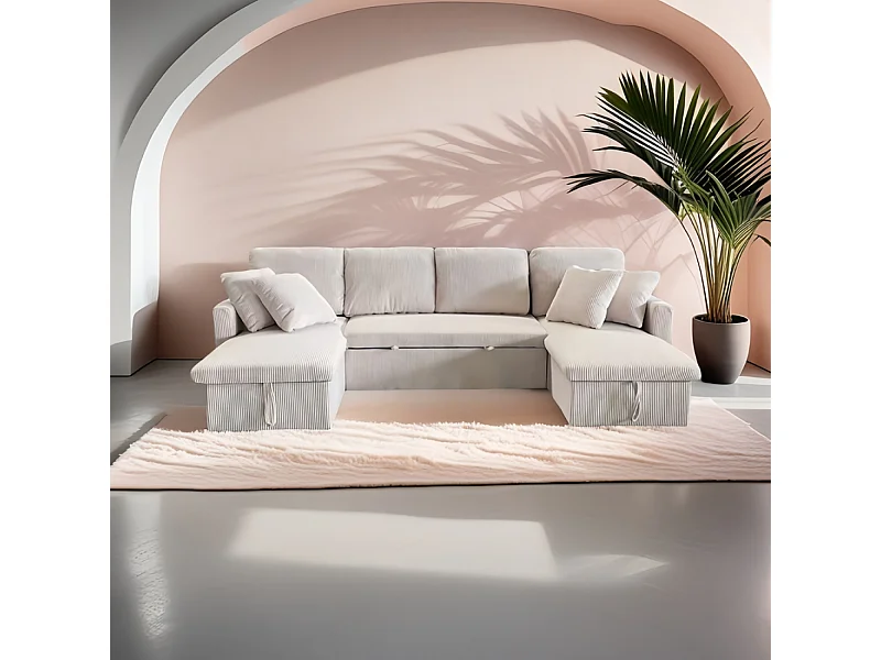 Sofá panorâmico conversível de 4 lugares em veludo cotelê com baú MAHÉ - bege