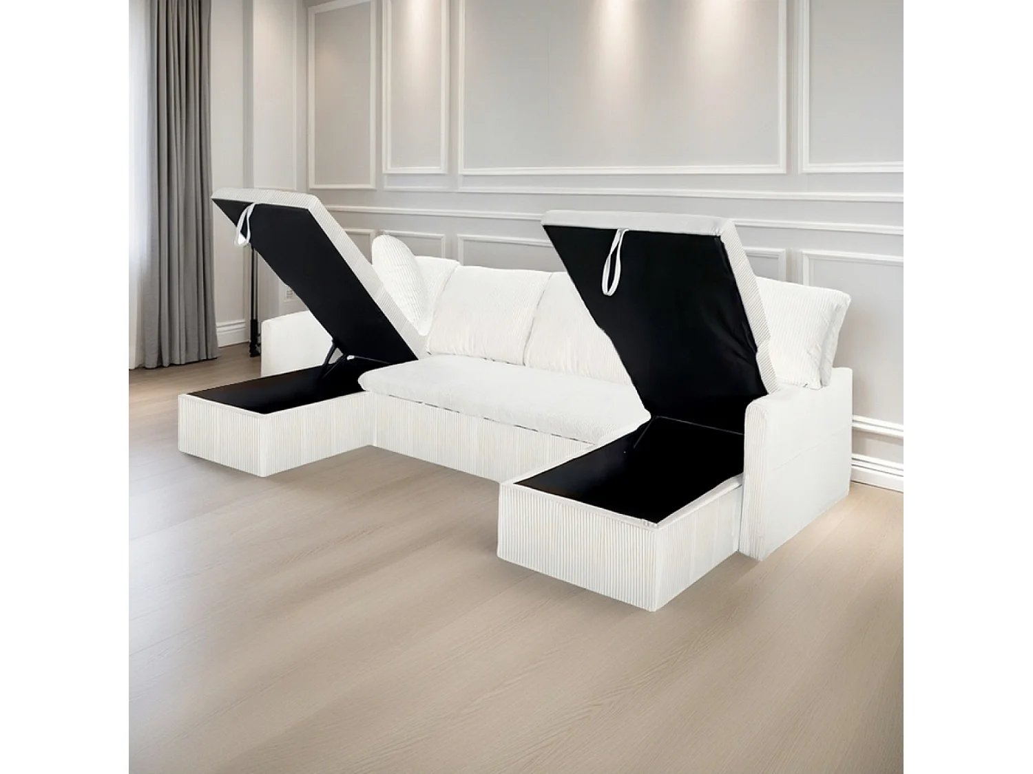 Canapé panoramique convertible 4 places en velours côtelé avec coffre - beige MAHÉ