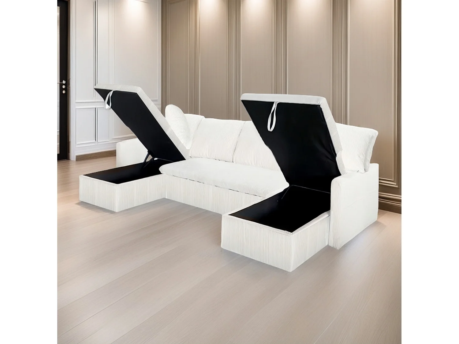 Canapé panoramique convertible 4 places en velours côtelé avec coffre - beige MAHÉ