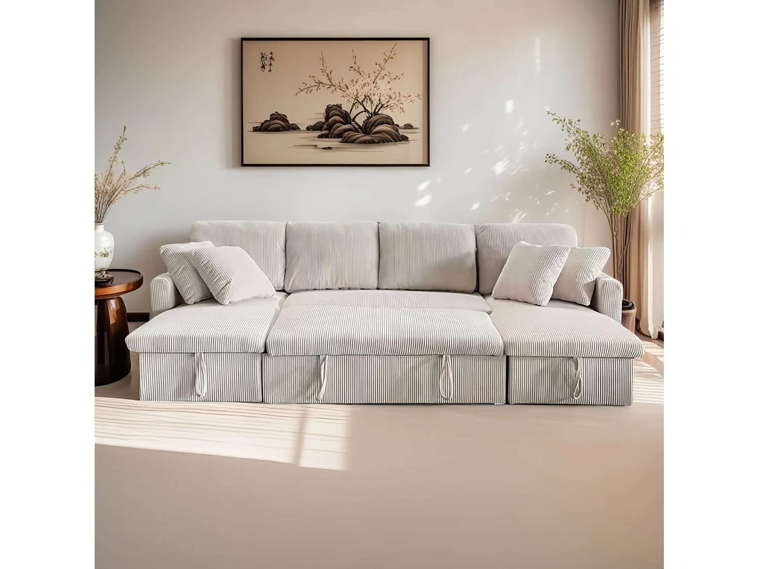 Panoramische omvormbare 4-zitsbank van geribbeld fluweel met opbergruimte MAHÉ - beige