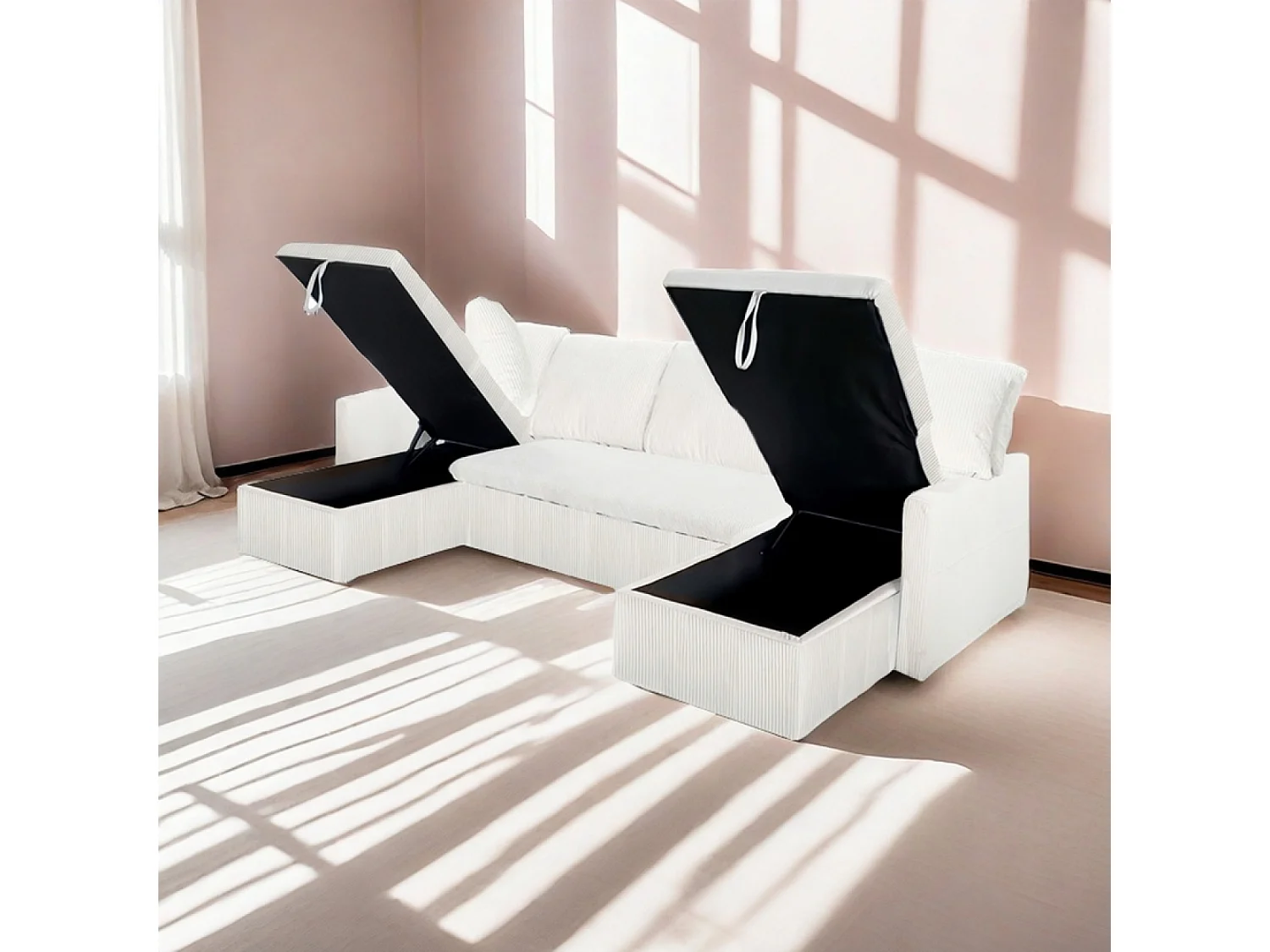 Panoramische omvormbare 4-zitsbank van geribbeld fluweel met opbergruimte MAHÉ - beige