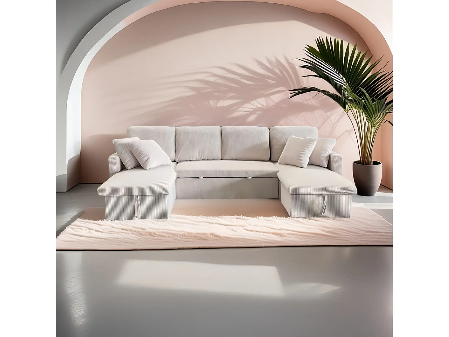 Panoramische omvormbare 4-zitsbank van geribbeld fluweel met opbergruimte MAHÉ - beige