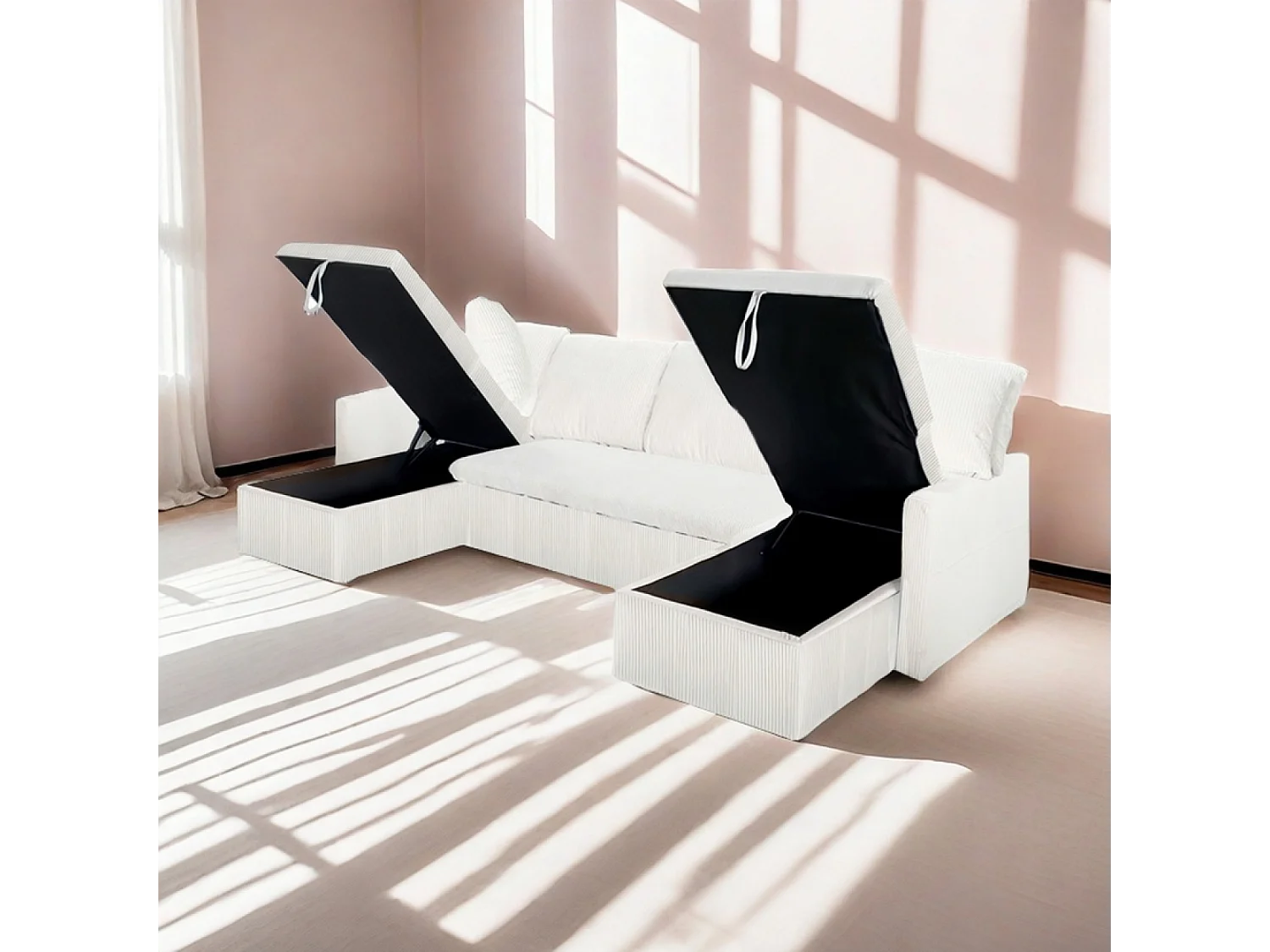 Panoramische omvormbare 4-zitsbank van geribbeld fluweel met opbergruimte MAHÉ - beige