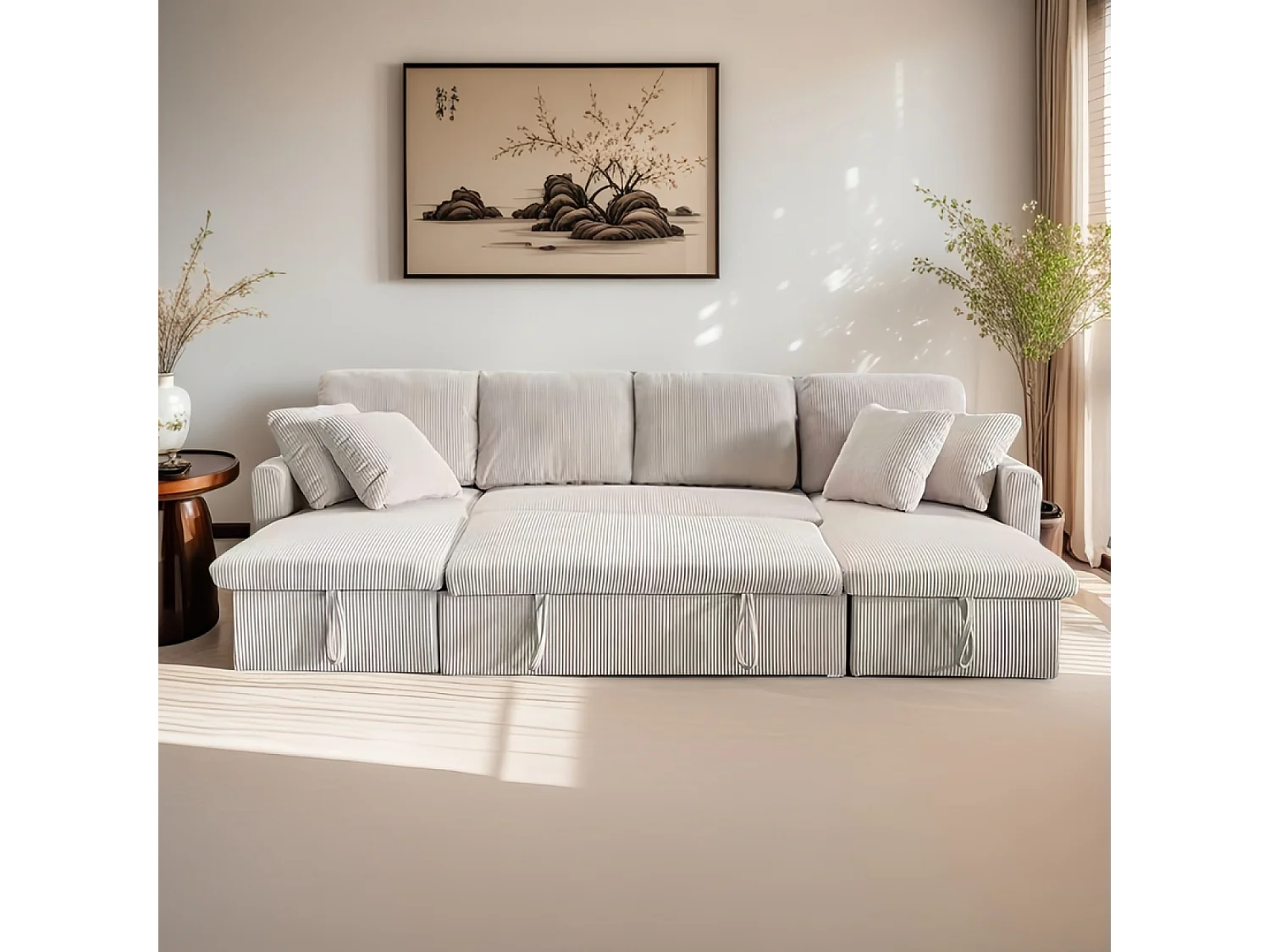 Canapé panoramique convertible 4 places en velours côtelé avec coffre - beige MAHÉ