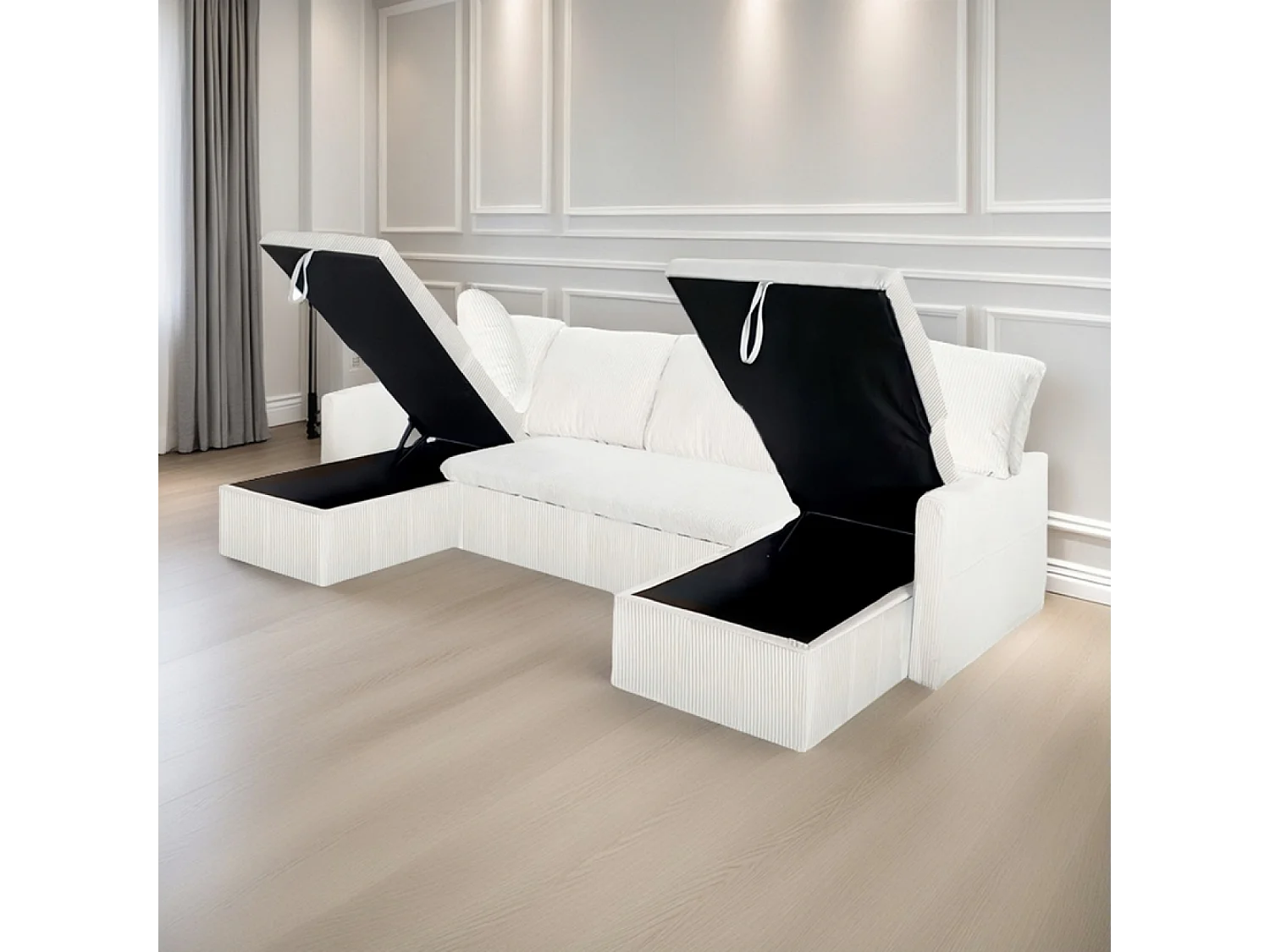 Canapé panoramique convertible 4 places en velours côtelé avec coffre - beige MAHÉ