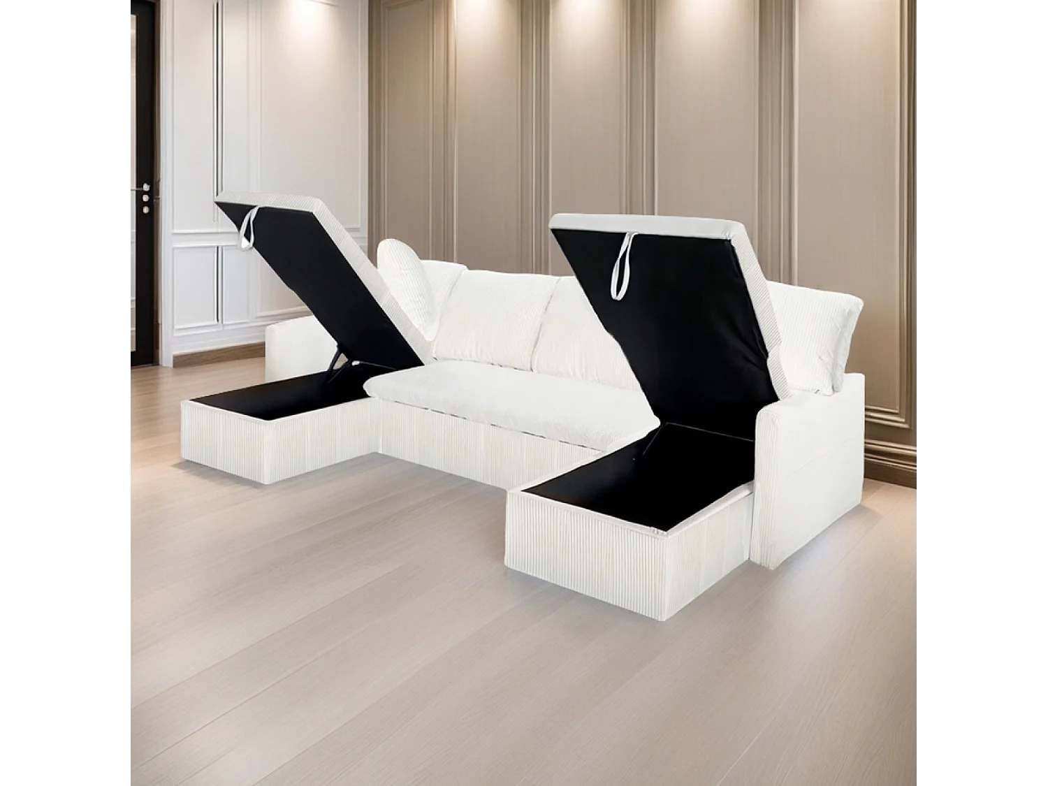 Canapé panoramique convertible 4 places en velours côtelé avec coffre - beige MAHÉ