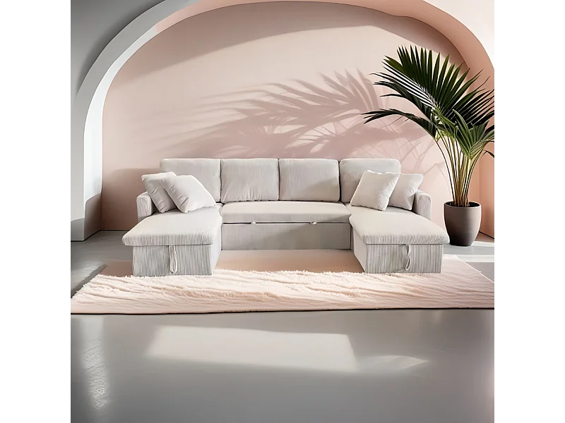 Panoramische omvormbare 4-zitsbank van geribbeld fluweel met opbergruimte MAHÉ - beige