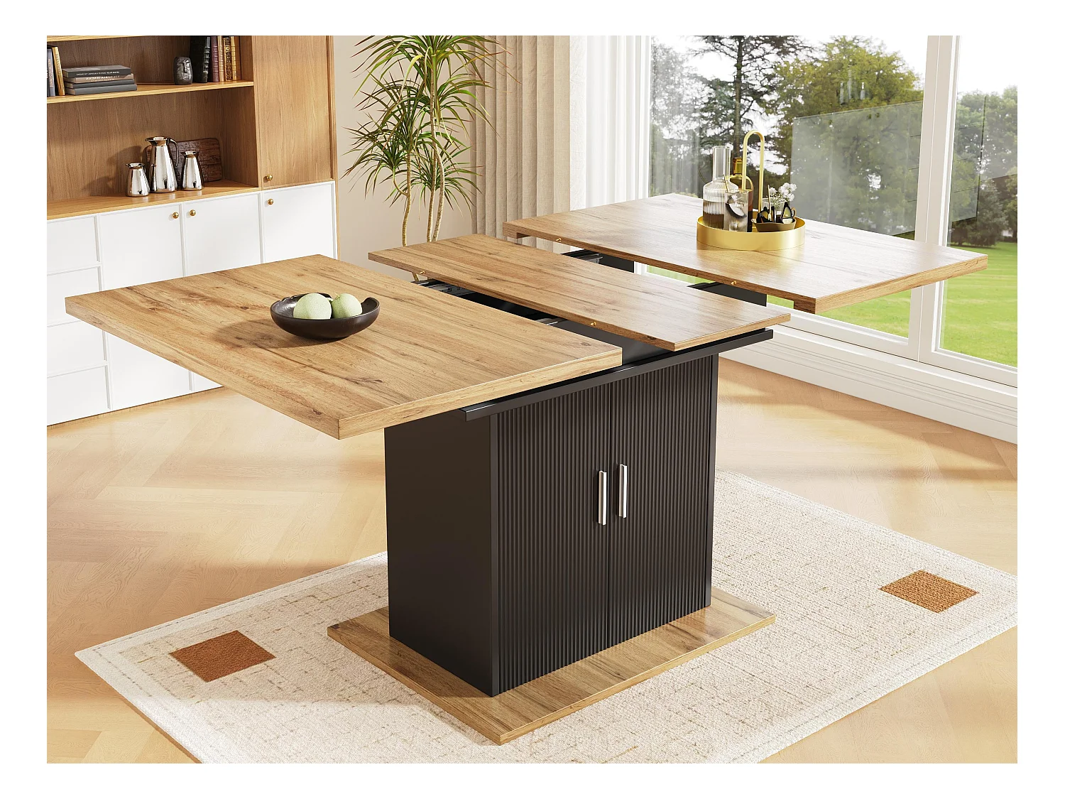 Table à manger escamotable 140x70 cm - en MDF - avec rangement - Noir & Naturel