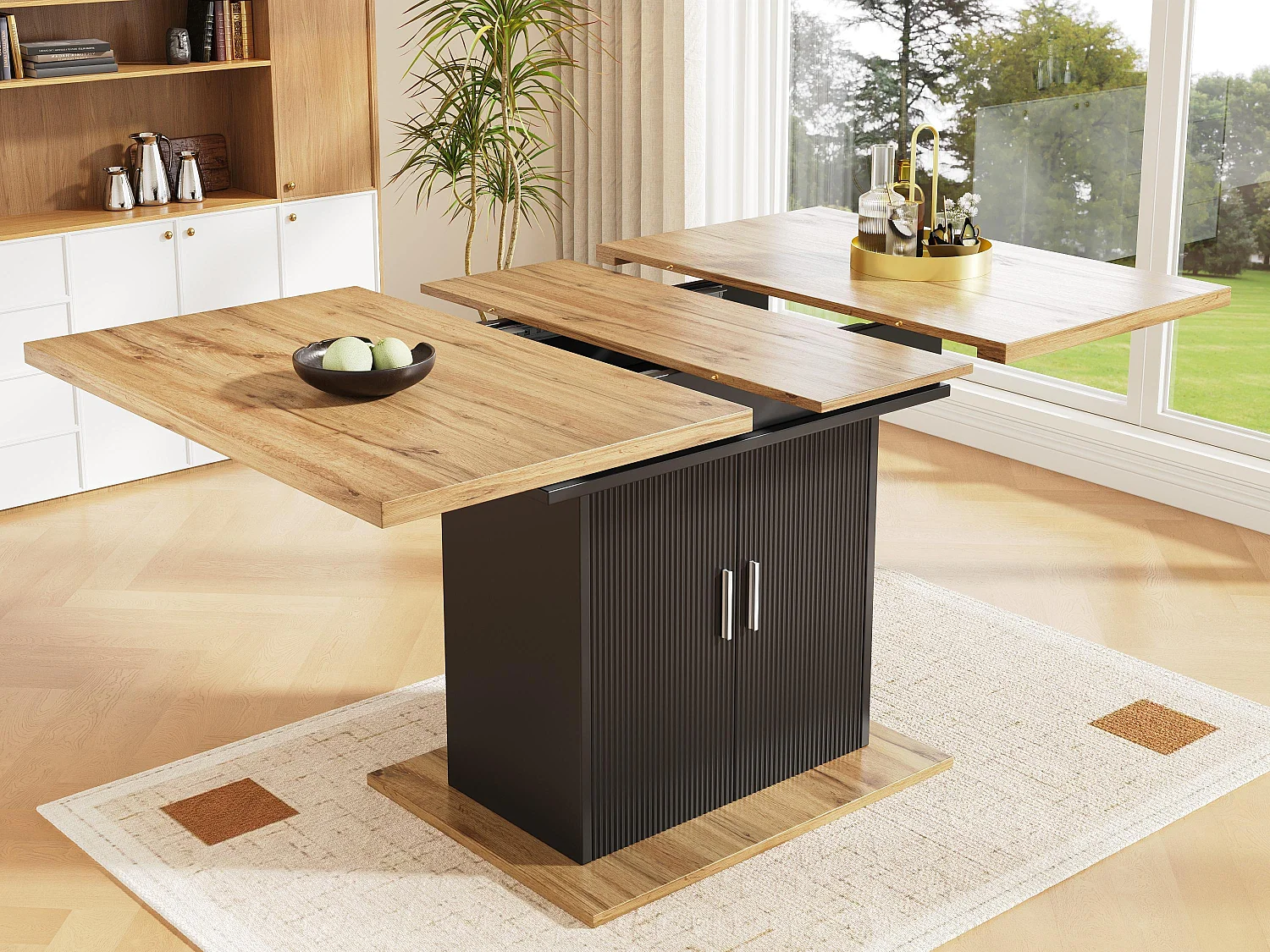 Table à manger escamotable 140x70 cm - en MDF - avec rangement - Noir & Naturel