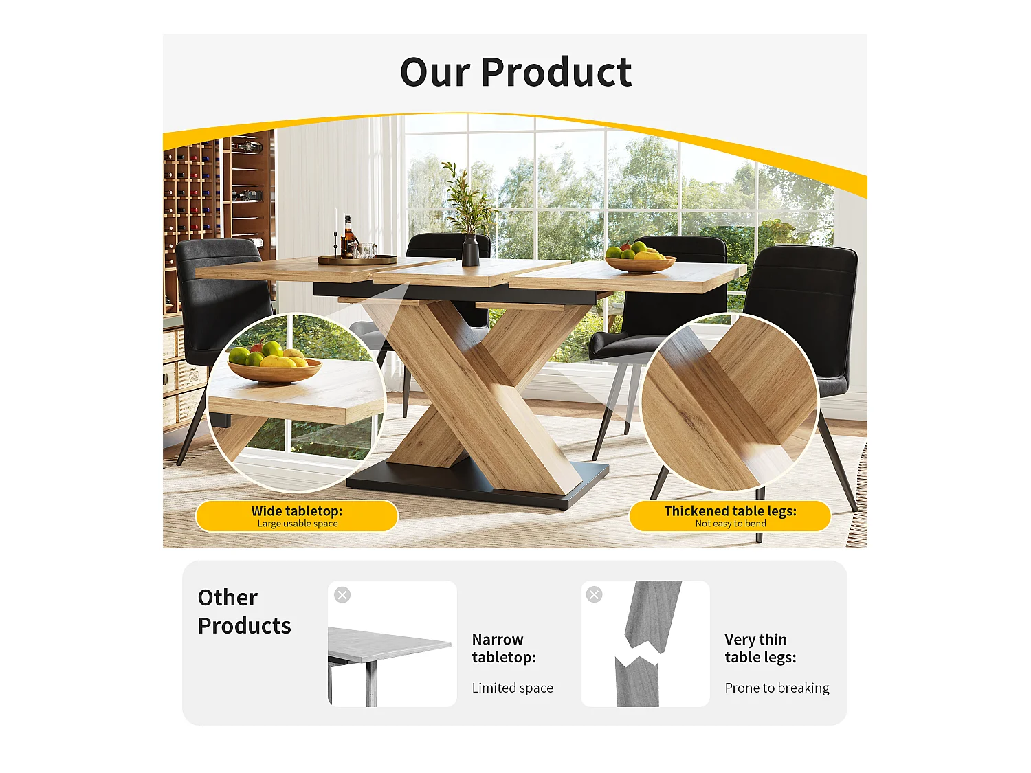 Table à manger escamotable 158,5 x 80 cm - 6 à 8 personnes - en MDF - Naturel