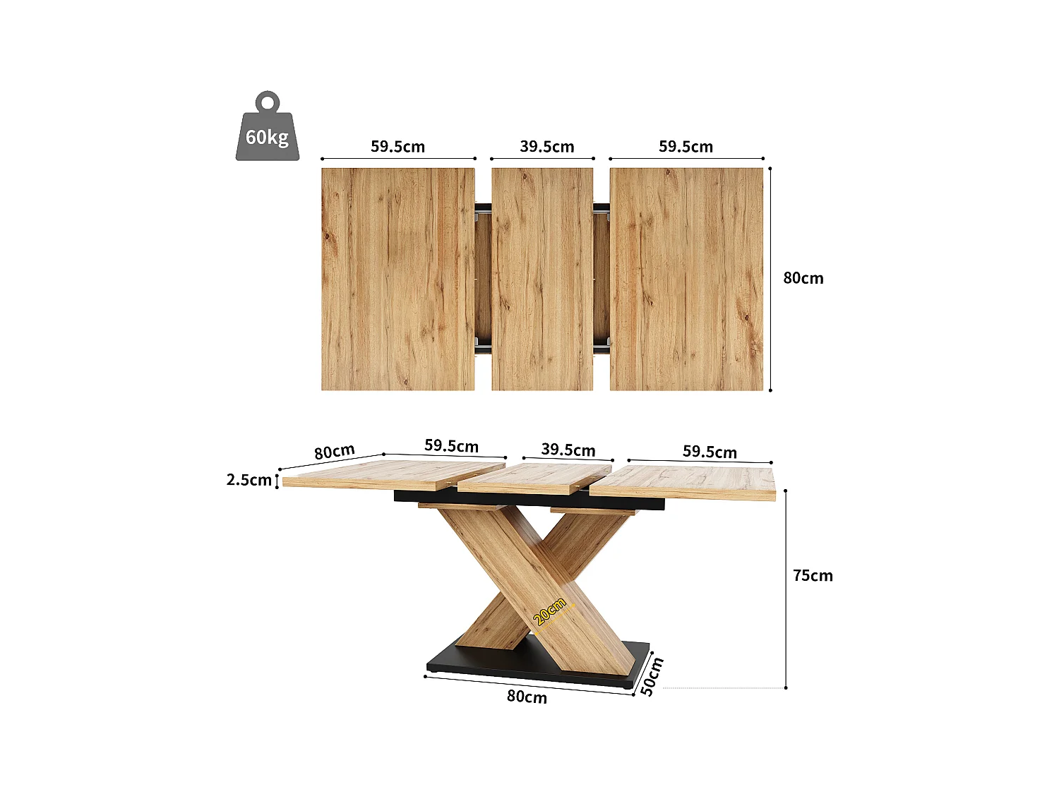 Table à manger escamotable 158,5 x 80 cm - 6 à 8 personnes - en MDF - Naturel