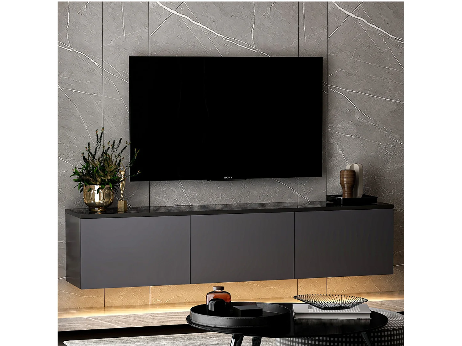 Meuble TV contemporain anthracite avec rangement 160 cm NAEL