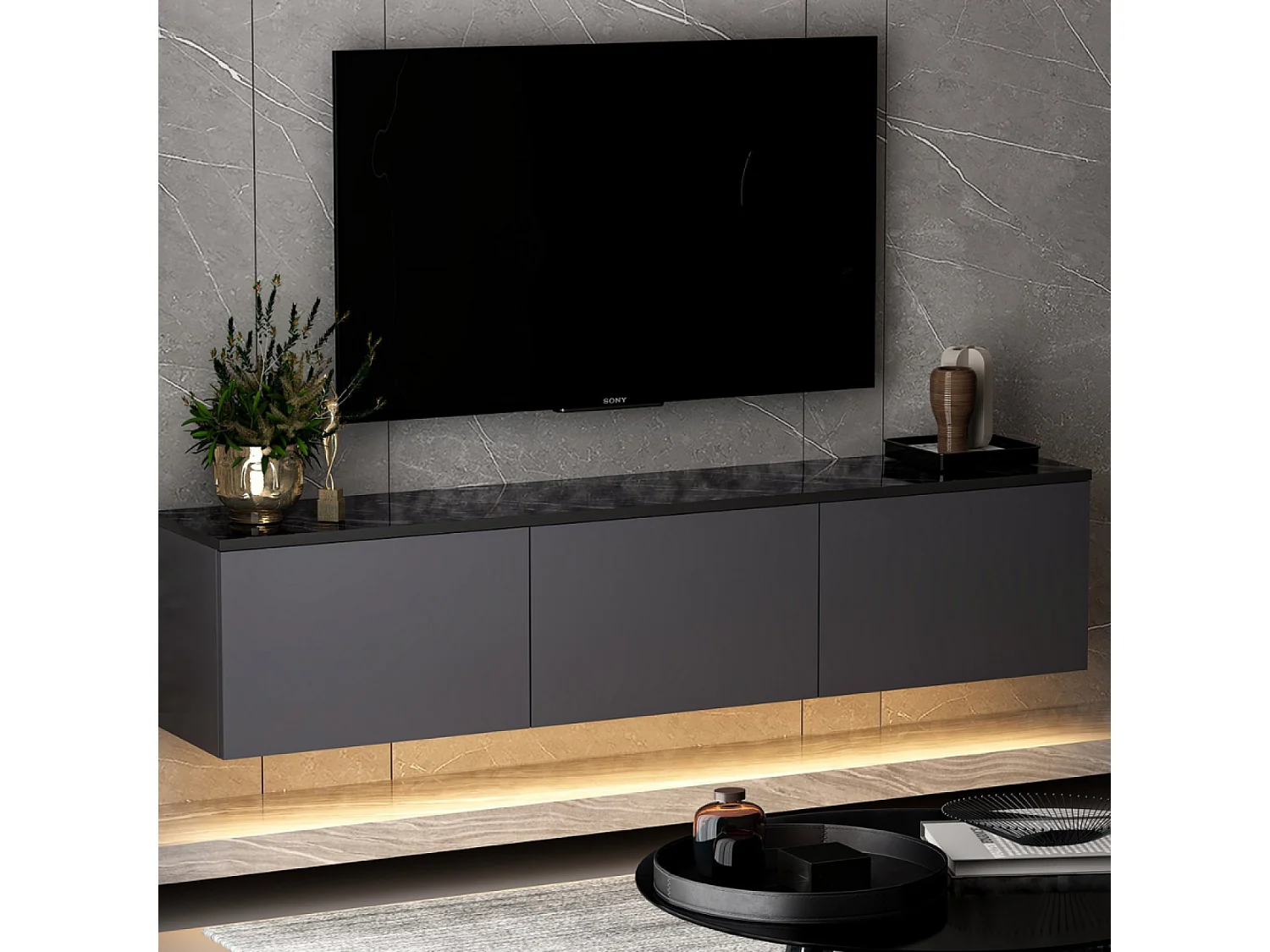 Meuble TV contemporain anthracite avec rangement 160 cm NAEL
