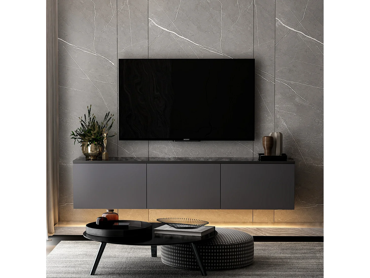 Meuble TV contemporain anthracite avec rangement 160 cm NAEL