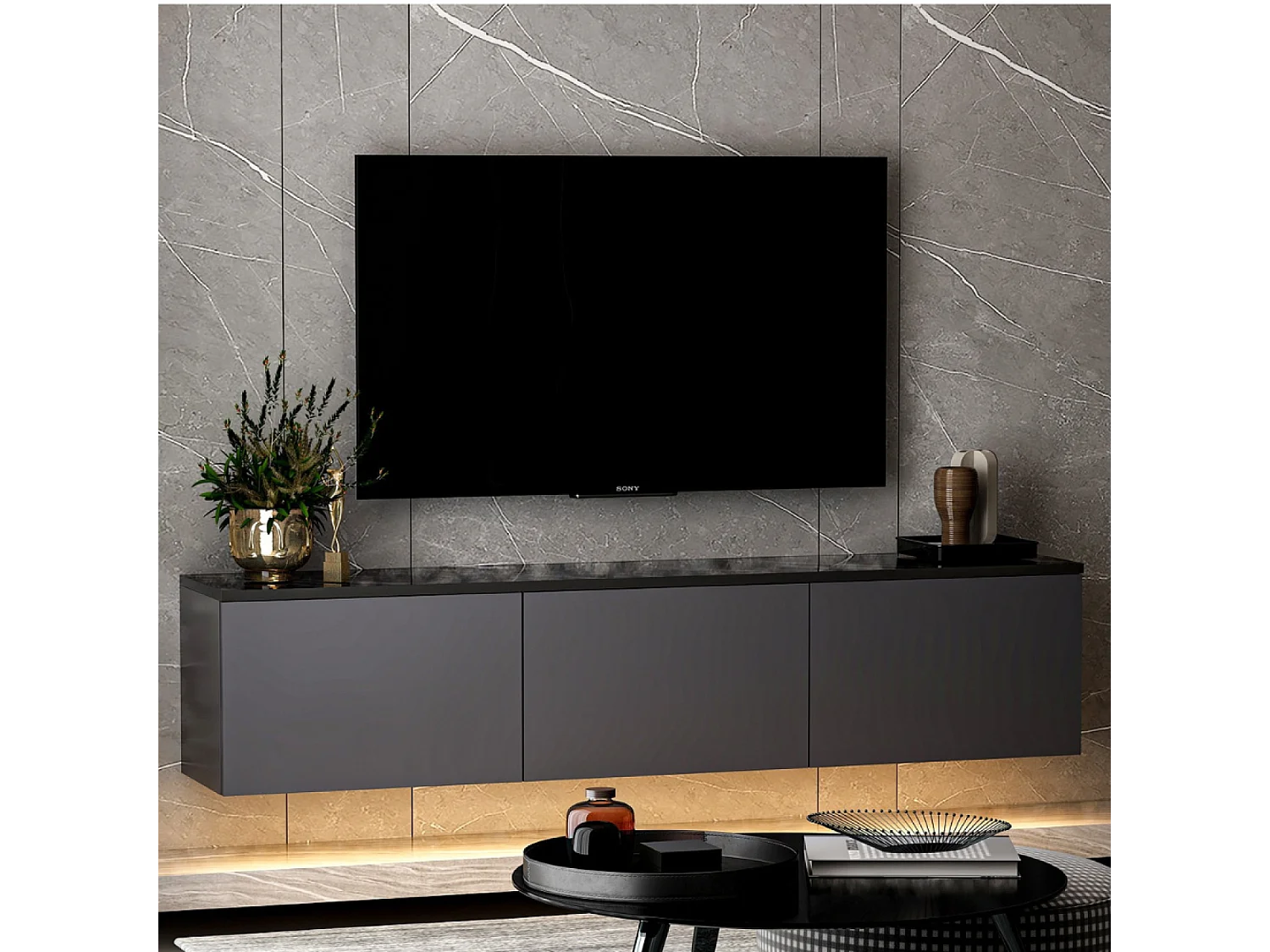 Meuble TV contemporain anthracite avec rangement 160 cm NAEL