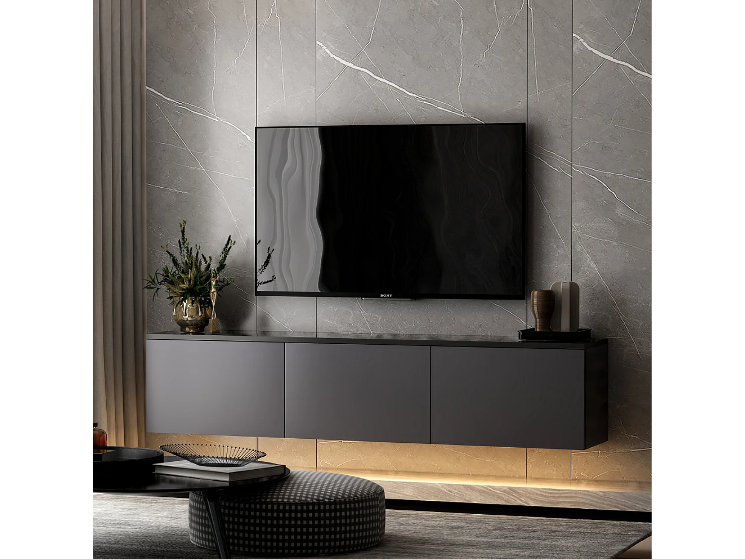 Meuble TV contemporain anthracite avec rangement 160 cm NAEL