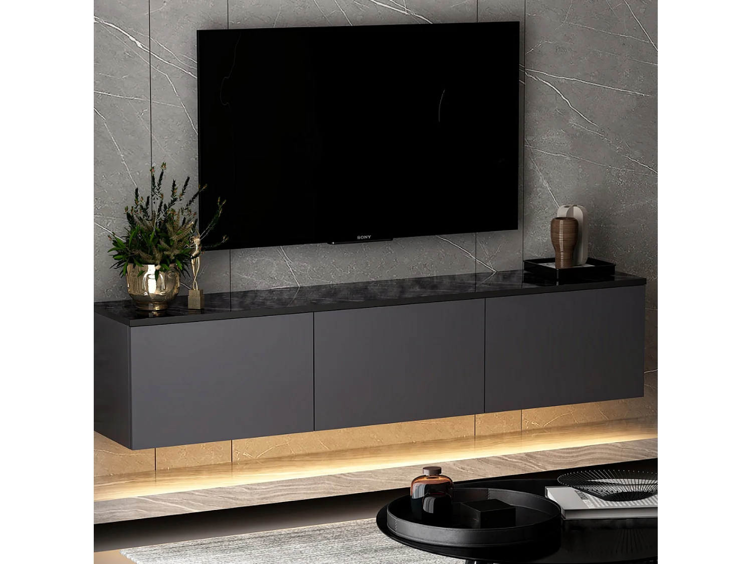 Meuble TV contemporain anthracite avec rangement 160 cm NAEL