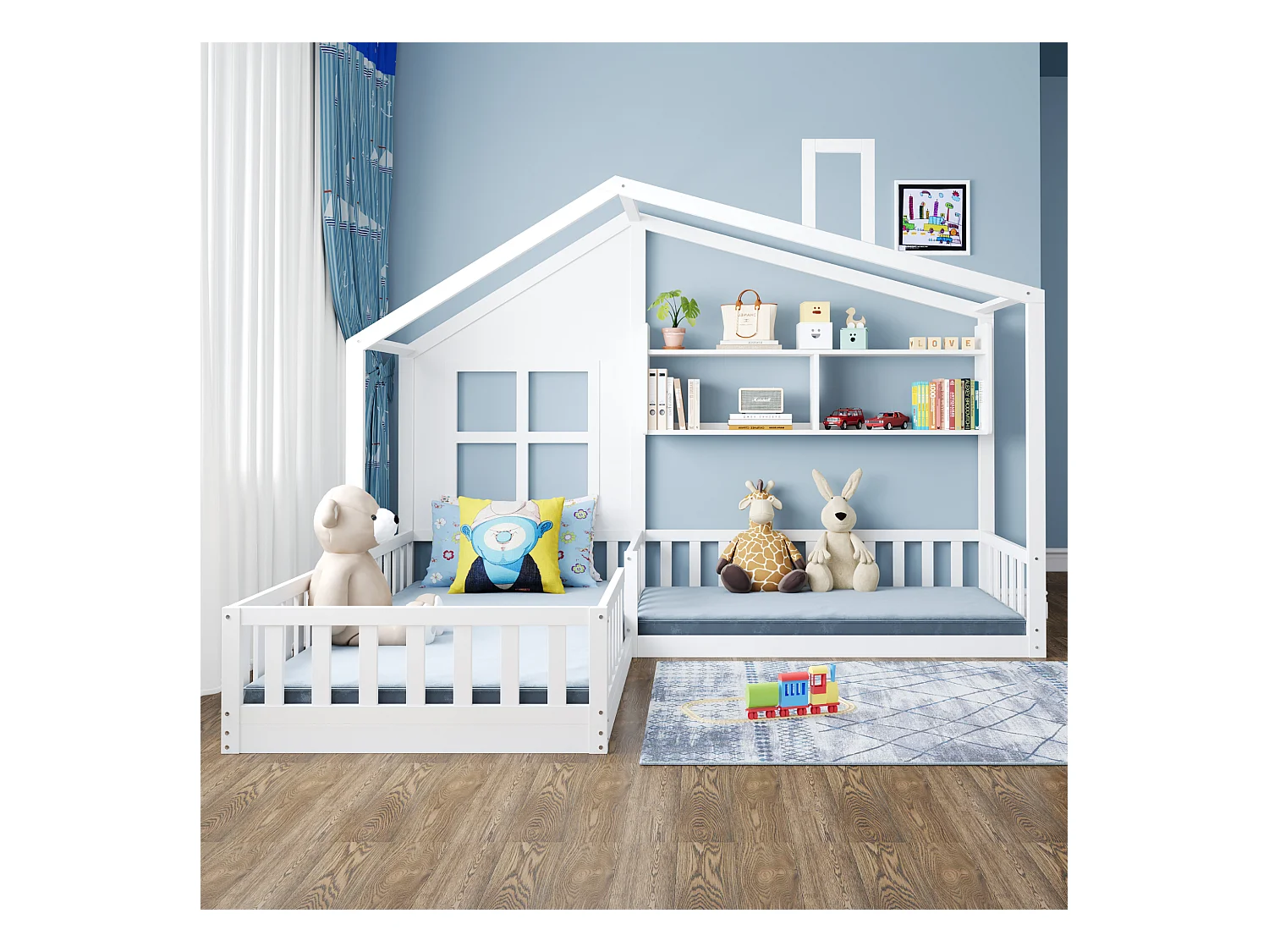 Lit enfant 70x140 cm/90x200 cm en bois - avec étagères et sommier à lattes - Blanc