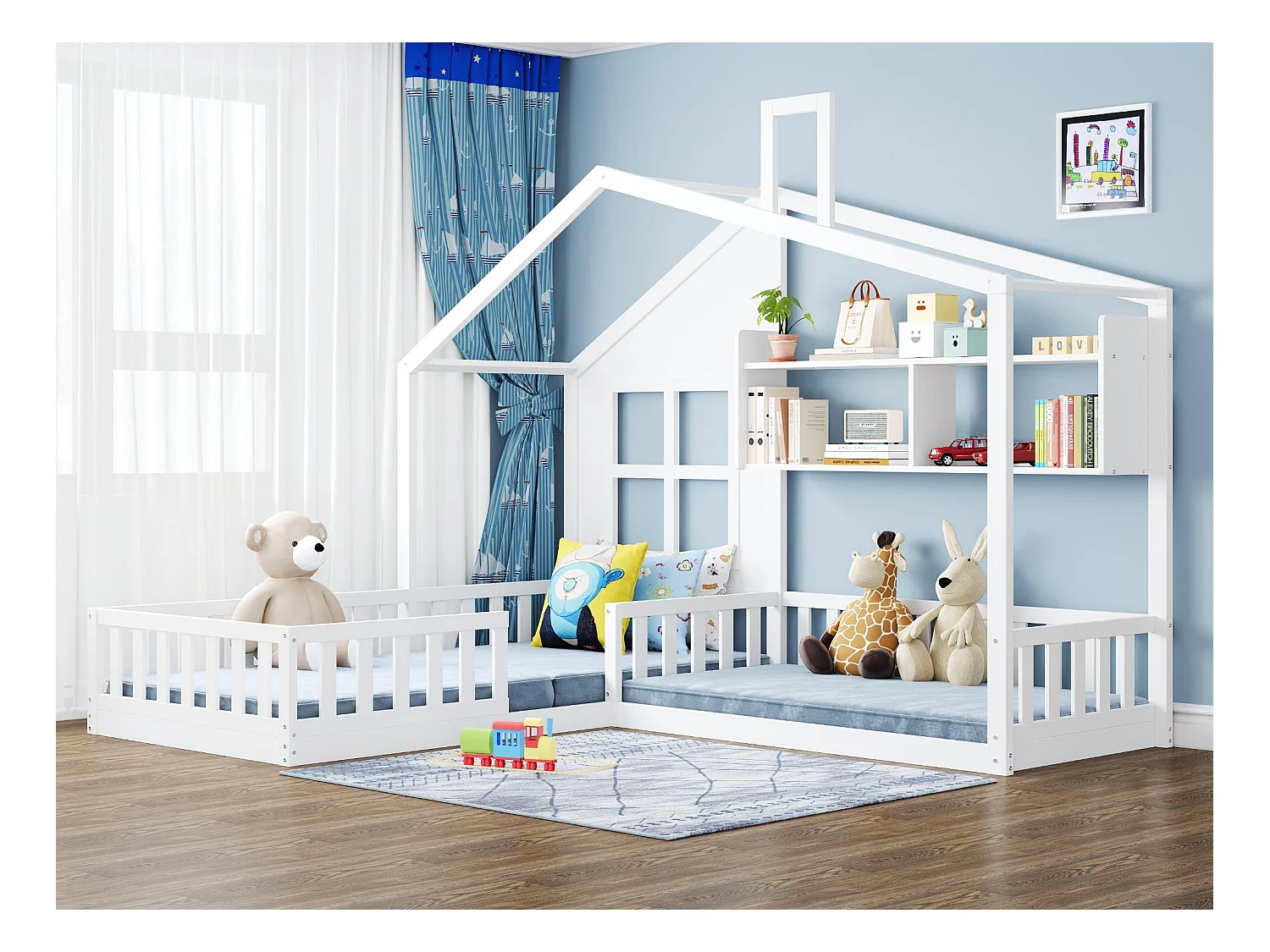 Lit enfant 70x140 cm/90x200 cm en bois - avec étagères et sommier à lattes - Blanc