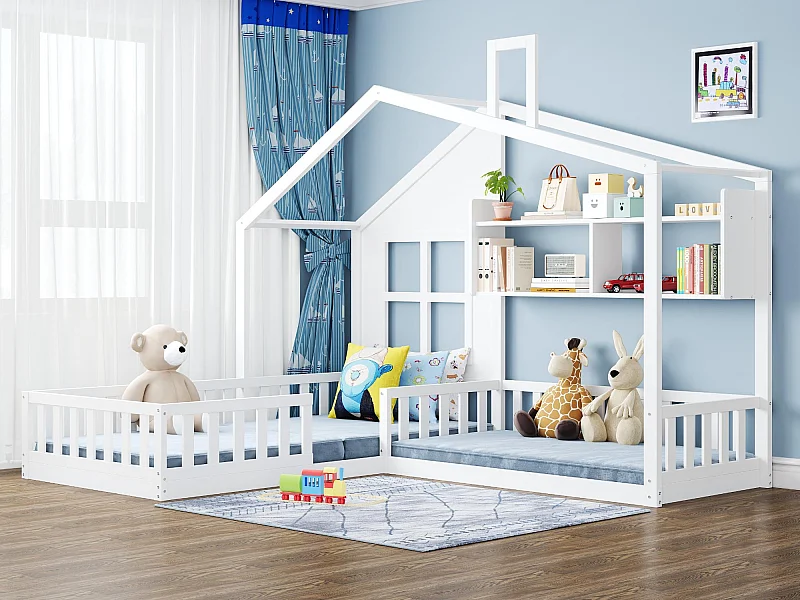 Lit enfant 70x140 cm/90x200 cm en bois - avec étagères et sommier à lattes - Blanc