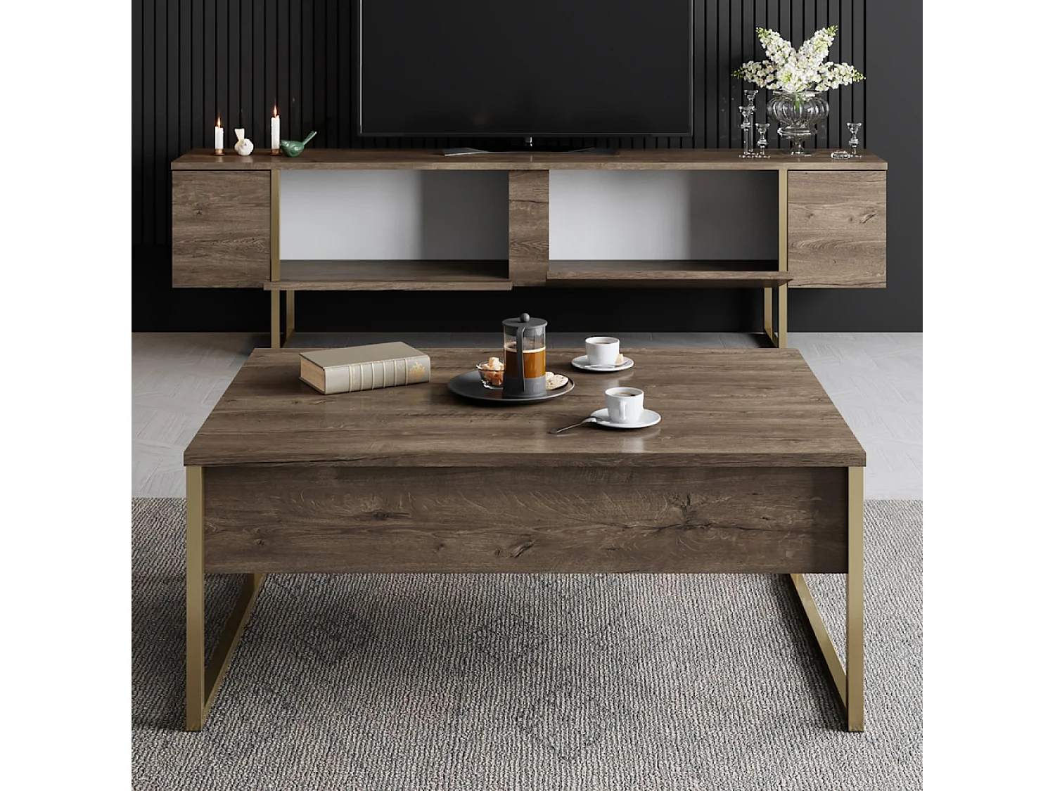 Meuble TV bois et or avec rangement 180 cm BEARN