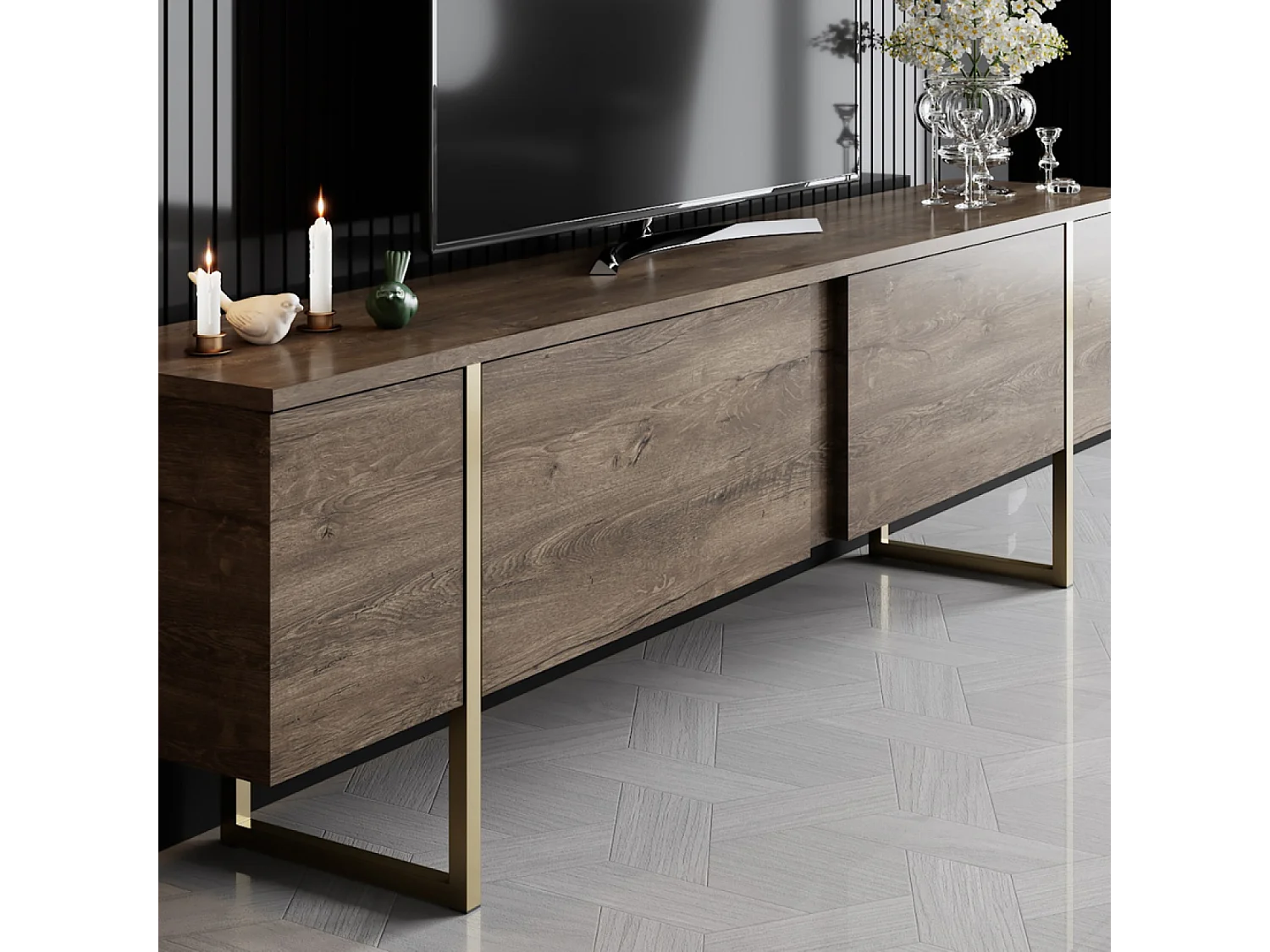 Meuble TV bois et or avec rangement 180 cm BEARN