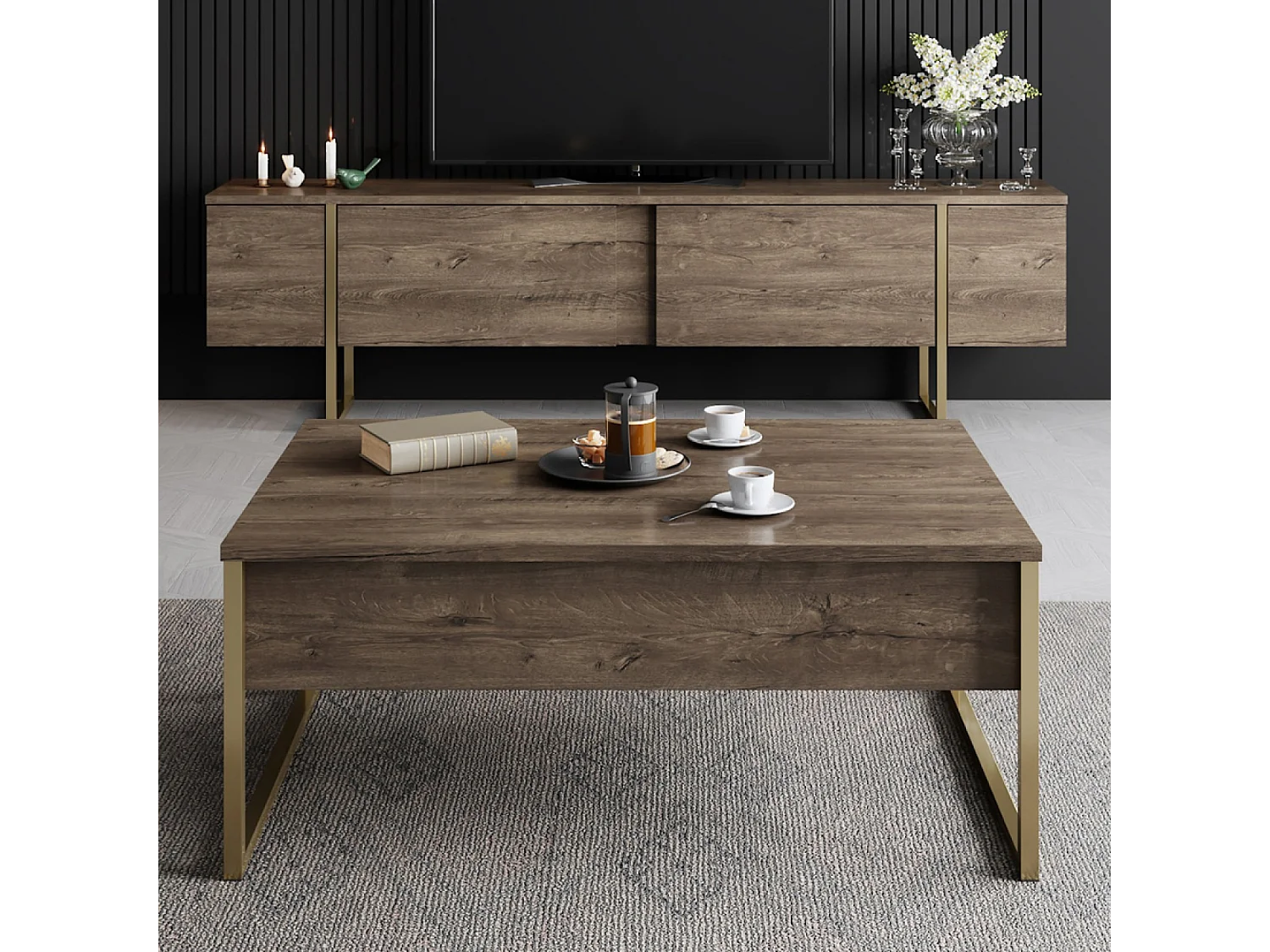 Meuble TV bois et or avec rangement 180 cm BEARN