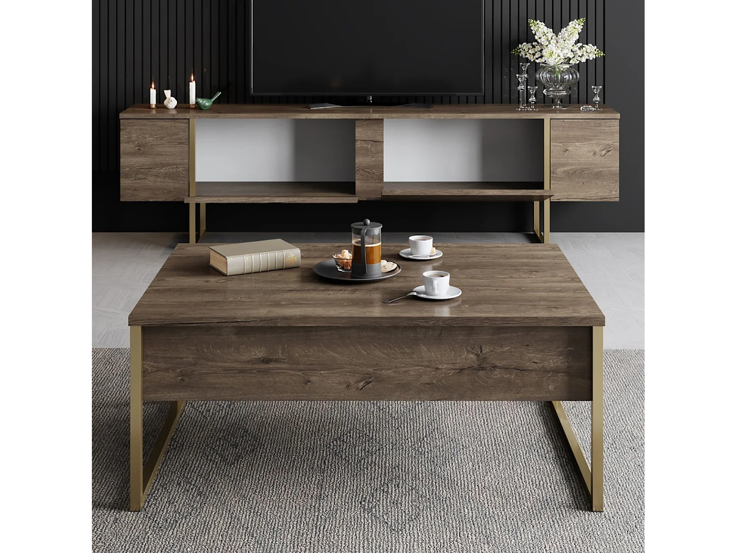 Meuble TV bois et or avec rangement 180 cm BEARN