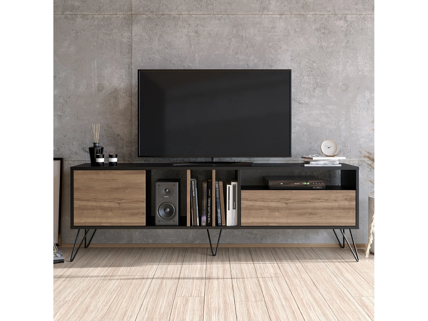 Meuble TV industriel bois et noir avec rangement 180 cm BAYLEE