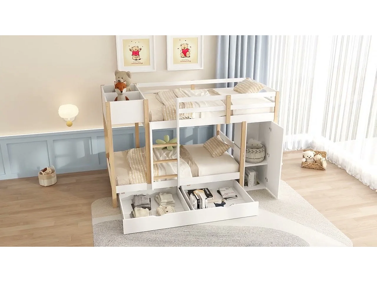 Houten stapelbed 90x200cm - met 1 opbergmeubel en 2 laden op wielen - Wit
