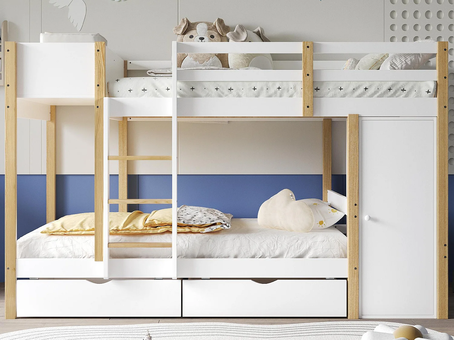 Houten stapelbed 90x200cm - met 1 opbergmeubel en 2 laden op wielen - Wit