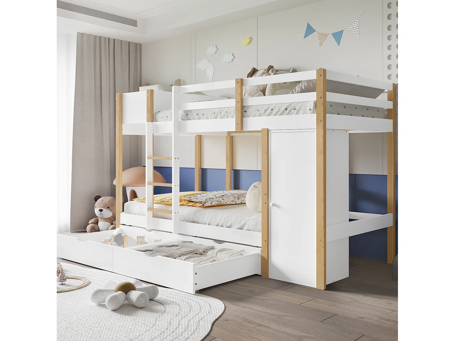 Houten stapelbed 90x200cm - met 1 opbergmeubel en 2 laden op wielen - Wit