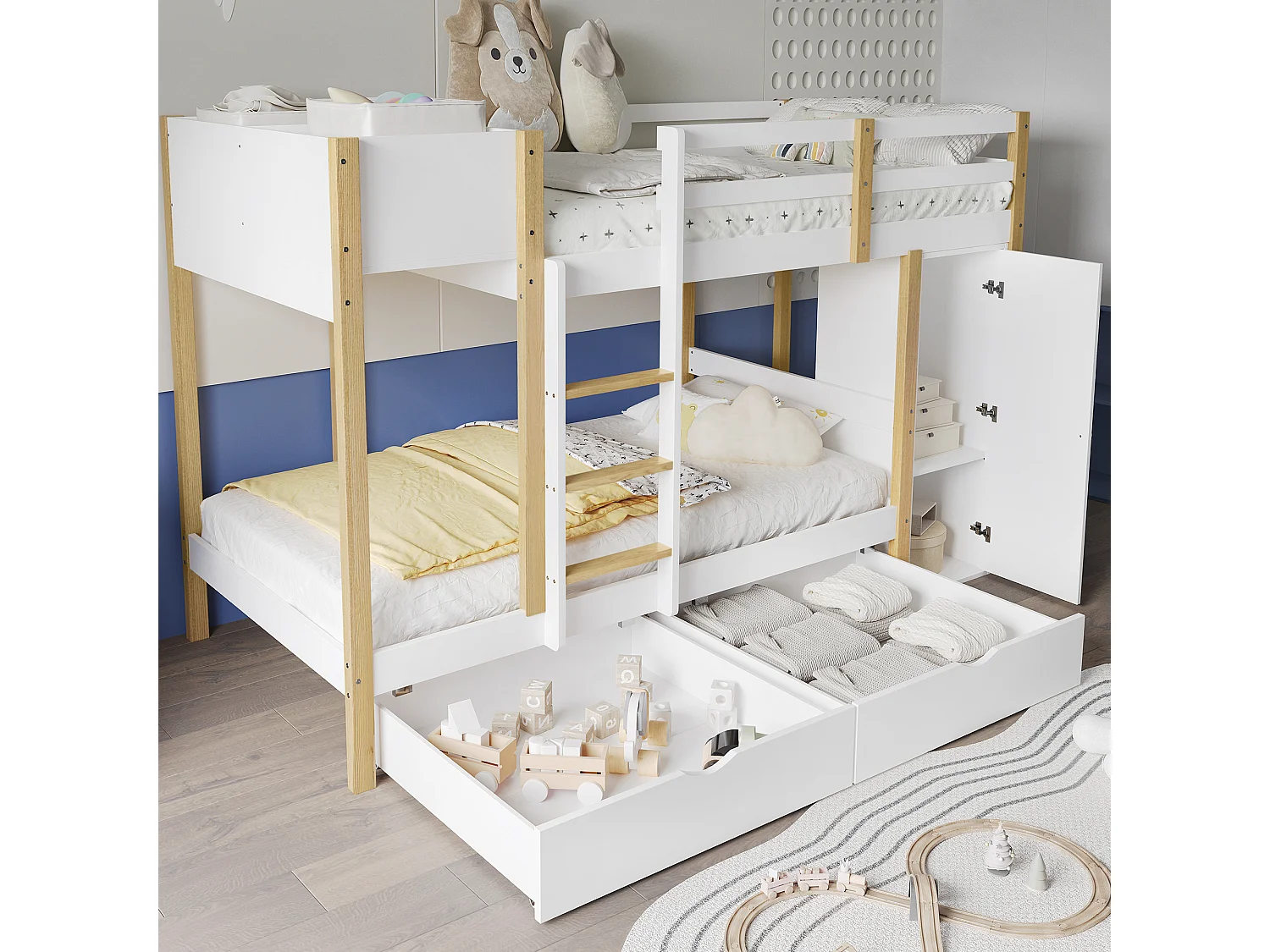 Houten stapelbed 90x200cm - met 1 opbergmeubel en 2 laden op wielen - Wit