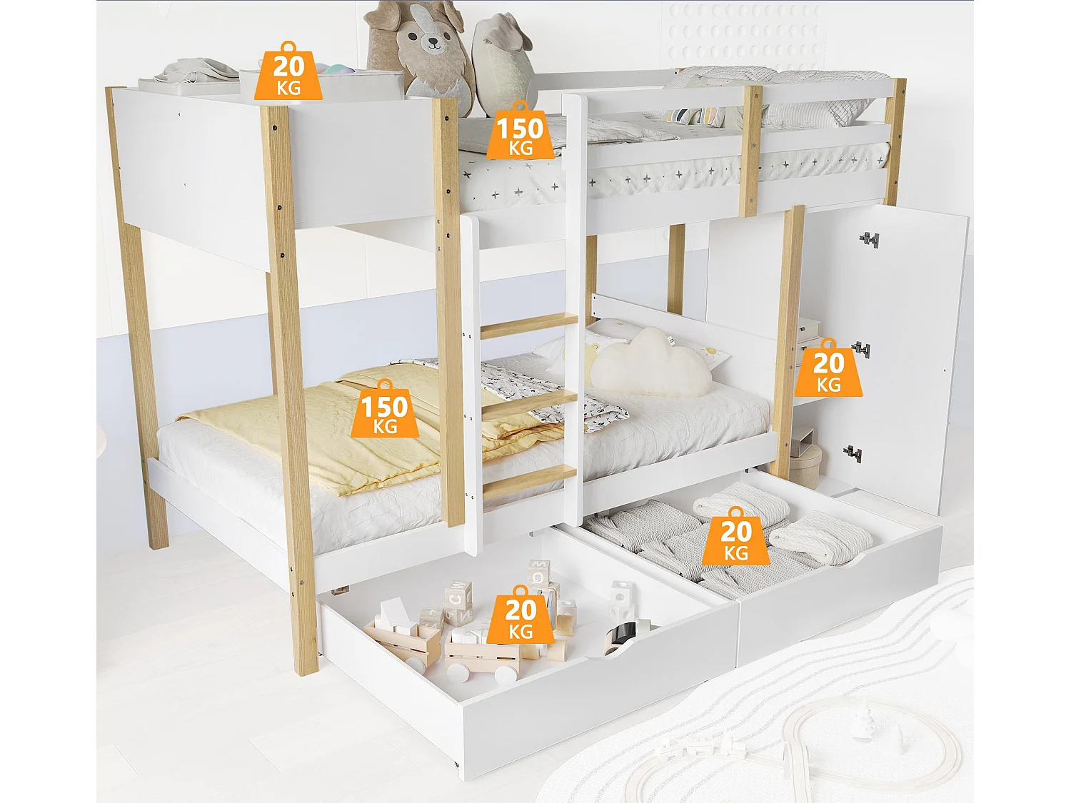 Houten stapelbed 90x200cm - met 1 opbergmeubel en 2 laden op wielen - Wit