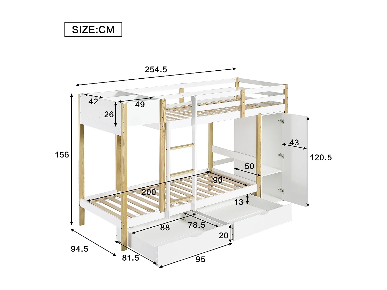 Houten stapelbed 90x200cm - met 1 opbergmeubel en 2 laden op wielen - Wit