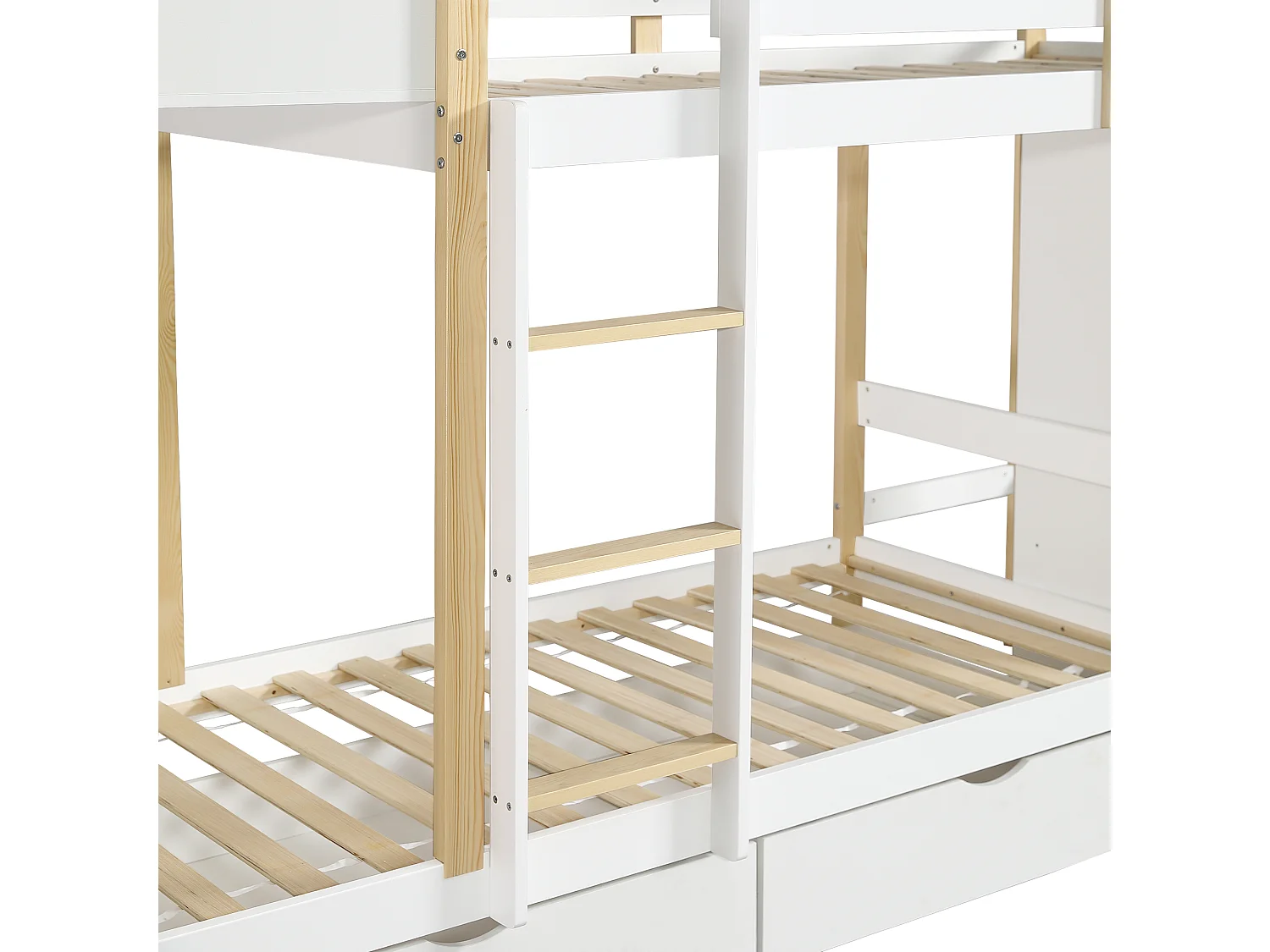 Houten stapelbed 90x200cm - met 1 opbergmeubel en 2 laden op wielen - Wit