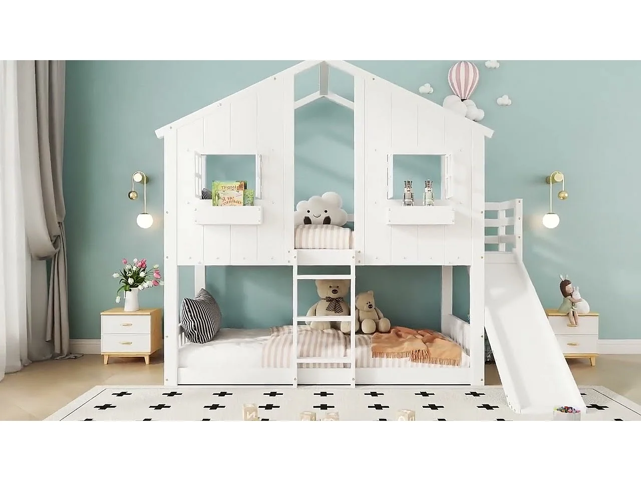Lit superposé en bois massif avec échelle et toboggan - 90x200 cm - Blanc