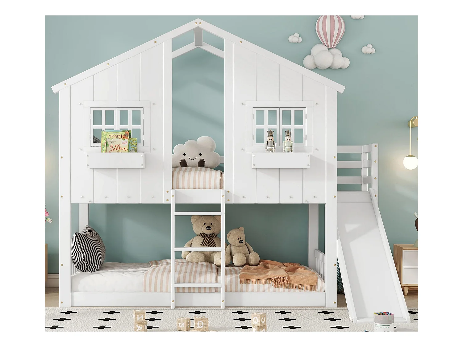 Lit superposé en bois massif avec échelle et toboggan - 90x200 cm - Blanc