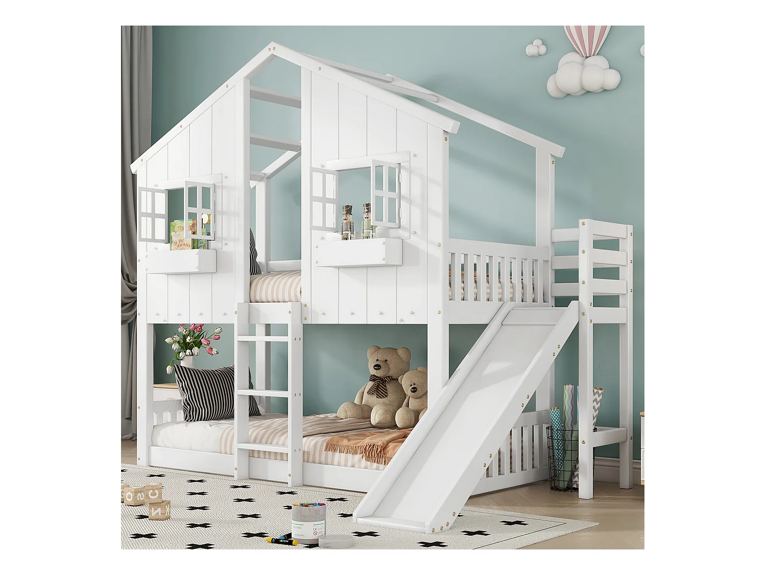 Lit superposé en bois massif avec échelle et toboggan - 90x200 cm - Blanc