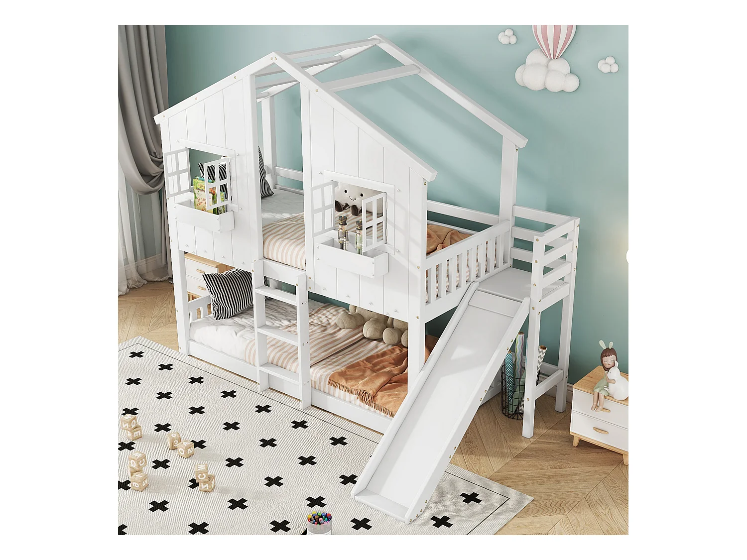 Lit superposé en bois massif avec échelle et toboggan - 90x200 cm - Blanc